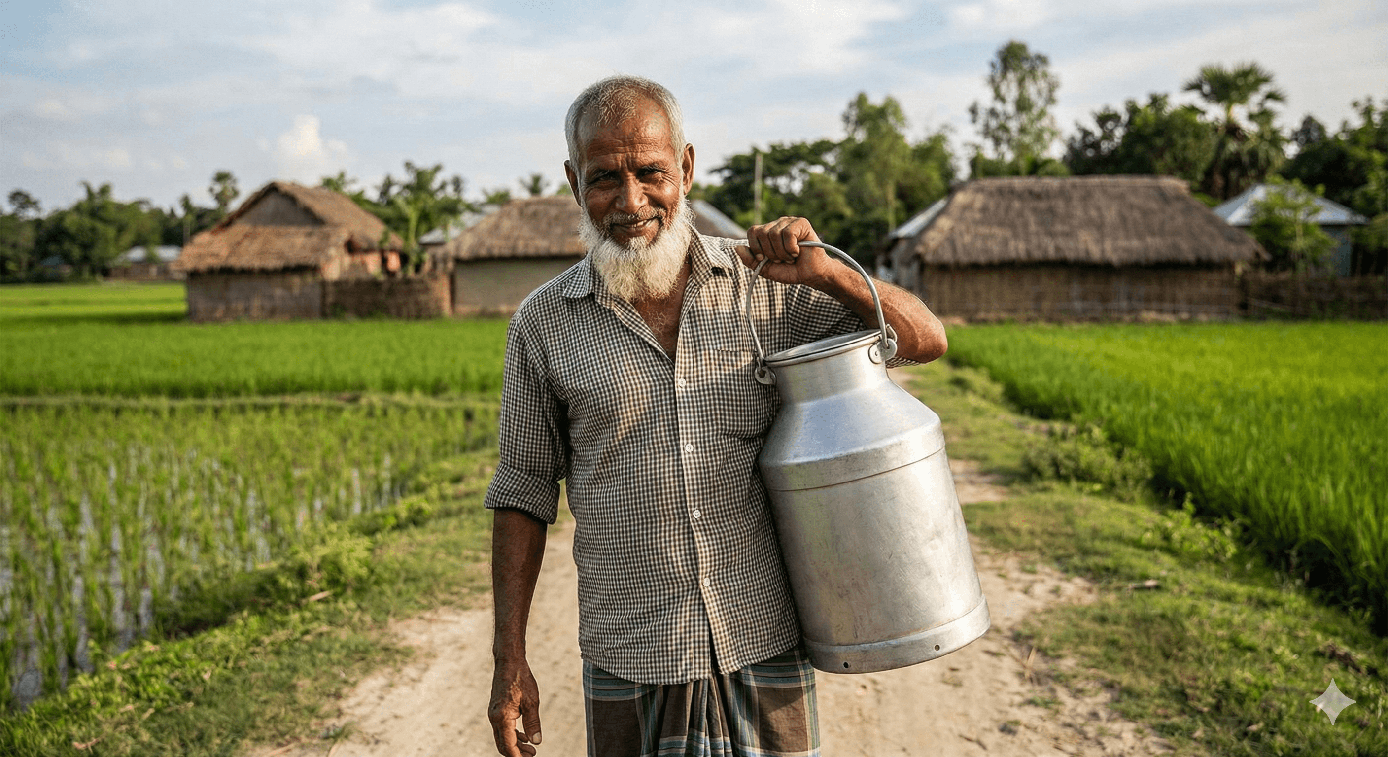 Dairy farmer carrying a milk can in a rural field